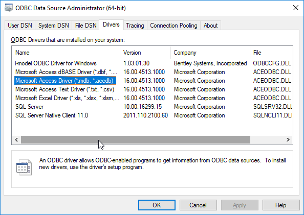 ODBC Control Panel ACE (64-bit)